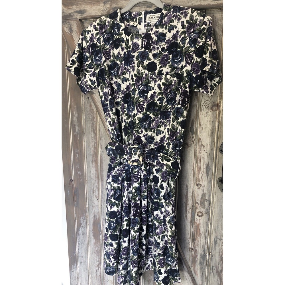 Vintage cottage core romantic purple blue Floral Belted Shorts Romper Small